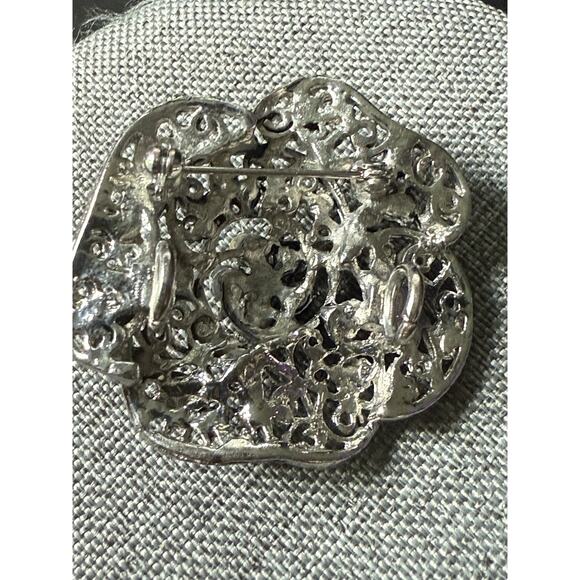 Vintage Rhinestone Floral Brooch Clear AB Deco Scarf Lapel Pin Cocktail Wedding - Picture 4 of 5